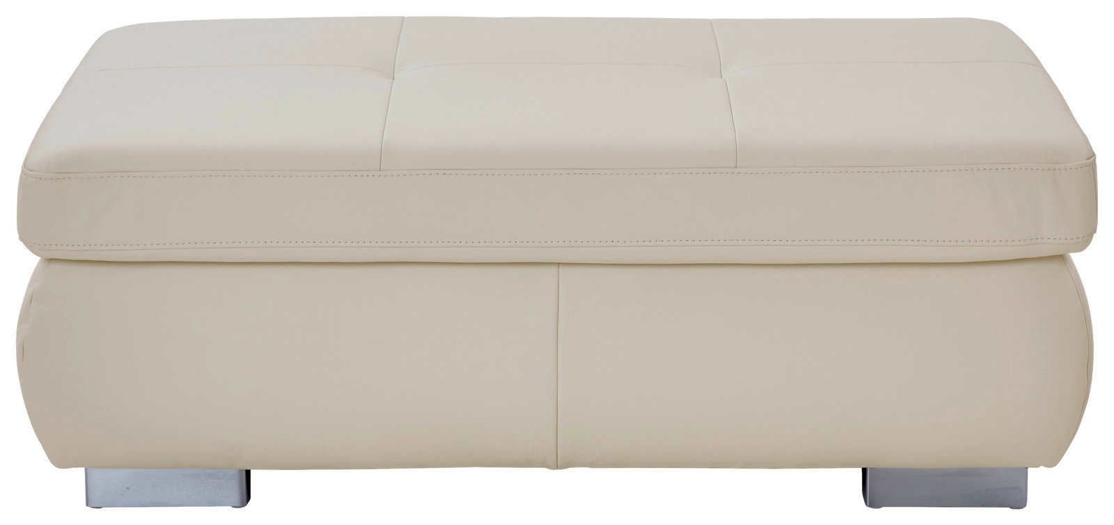 Beiger XXL Hocker aus Leder, frontal fotografiert, mit quadratischer Steppung und silbernen Füßen.