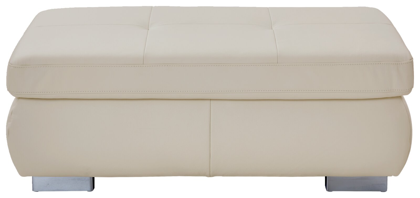 Beiger XXL Hocker aus Leder, frontal fotografiert, mit quadratischer Steppung und silbernen Füßen.