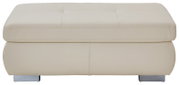 Beiger XXL Hocker aus Leder, frontal fotografiert, mit quadratischer Steppung und silbernen Füßen.