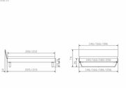 Technische Zeichnung eines Bettgestells aus der Seiten- und Vorderansicht mit Maßangaben.