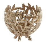 Goldener Teelichthalter mit filigranem Blattdesign, seitliche Perspektive