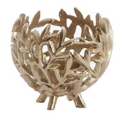 Goldener Teelichthalter mit filigranem Blattdesign, seitliche Perspektive