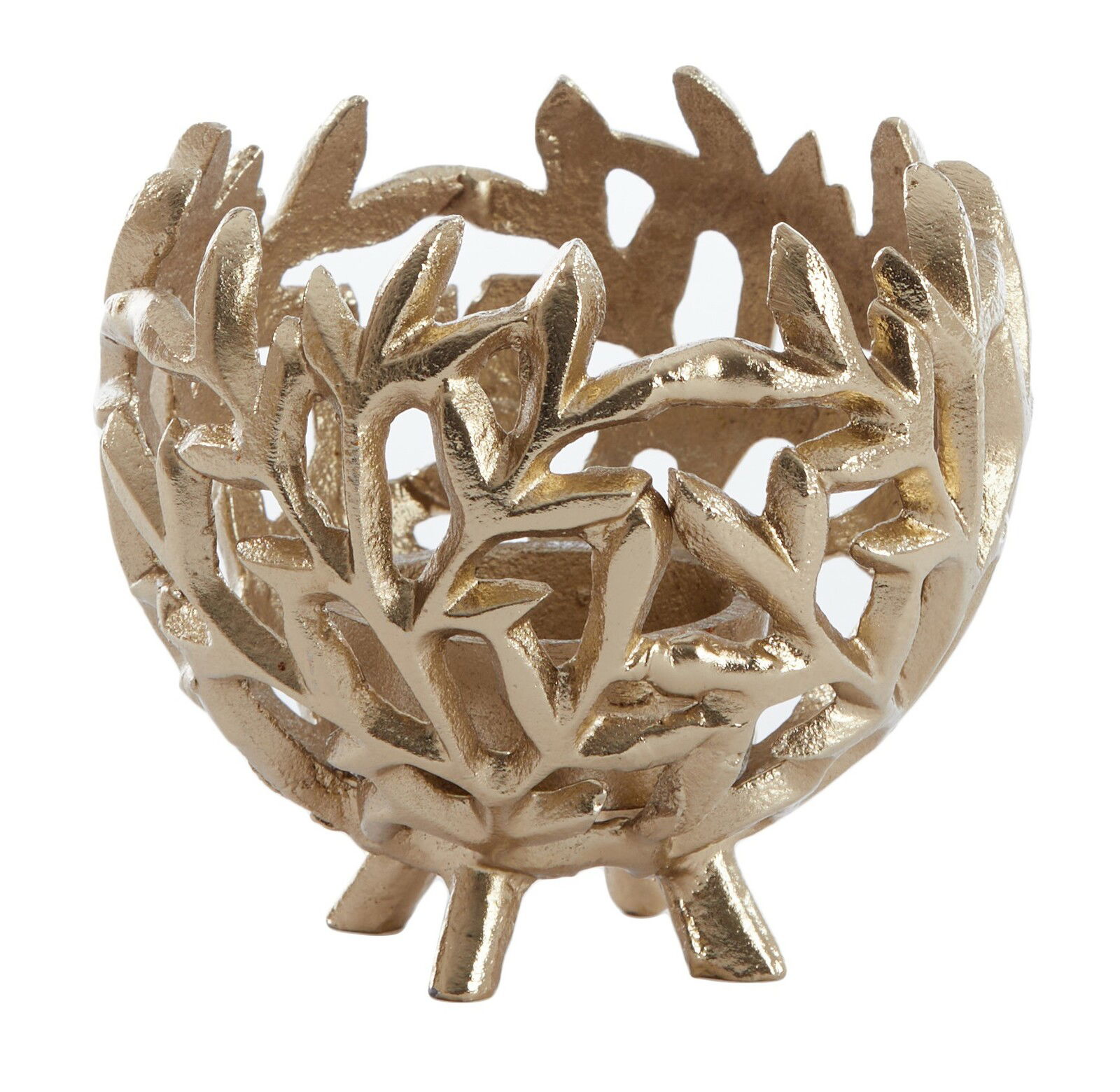 Goldener Teelichthalter mit filigranem Blattdesign, seitliche Perspektive