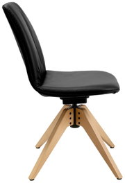 Moderner Stuhl mit schwarzem Sitz und Rückenlehne aus Leder, seitliche Perspektive, Holzbeine in natürlicher Farbe.