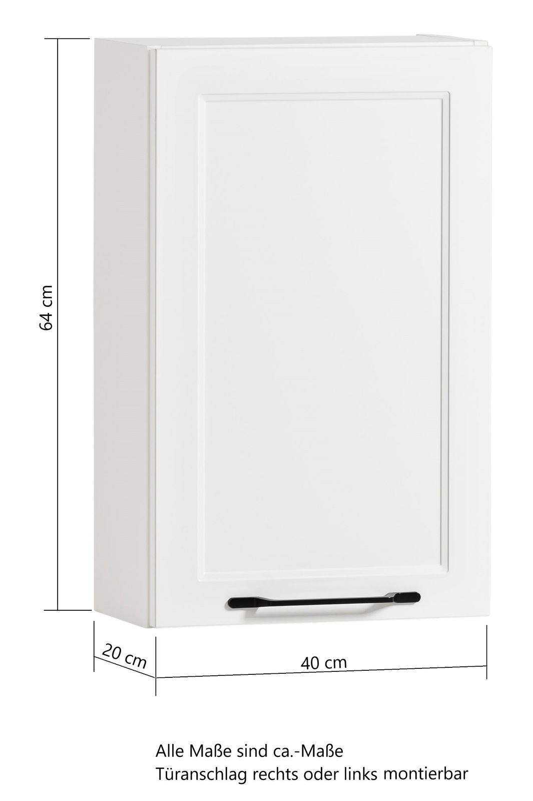 Weißer Hängeschrank mit einer Tür, rechteckig, Maße 64 cm Höhe, 40 cm Breite, 20 cm Tiefe, Frontansicht