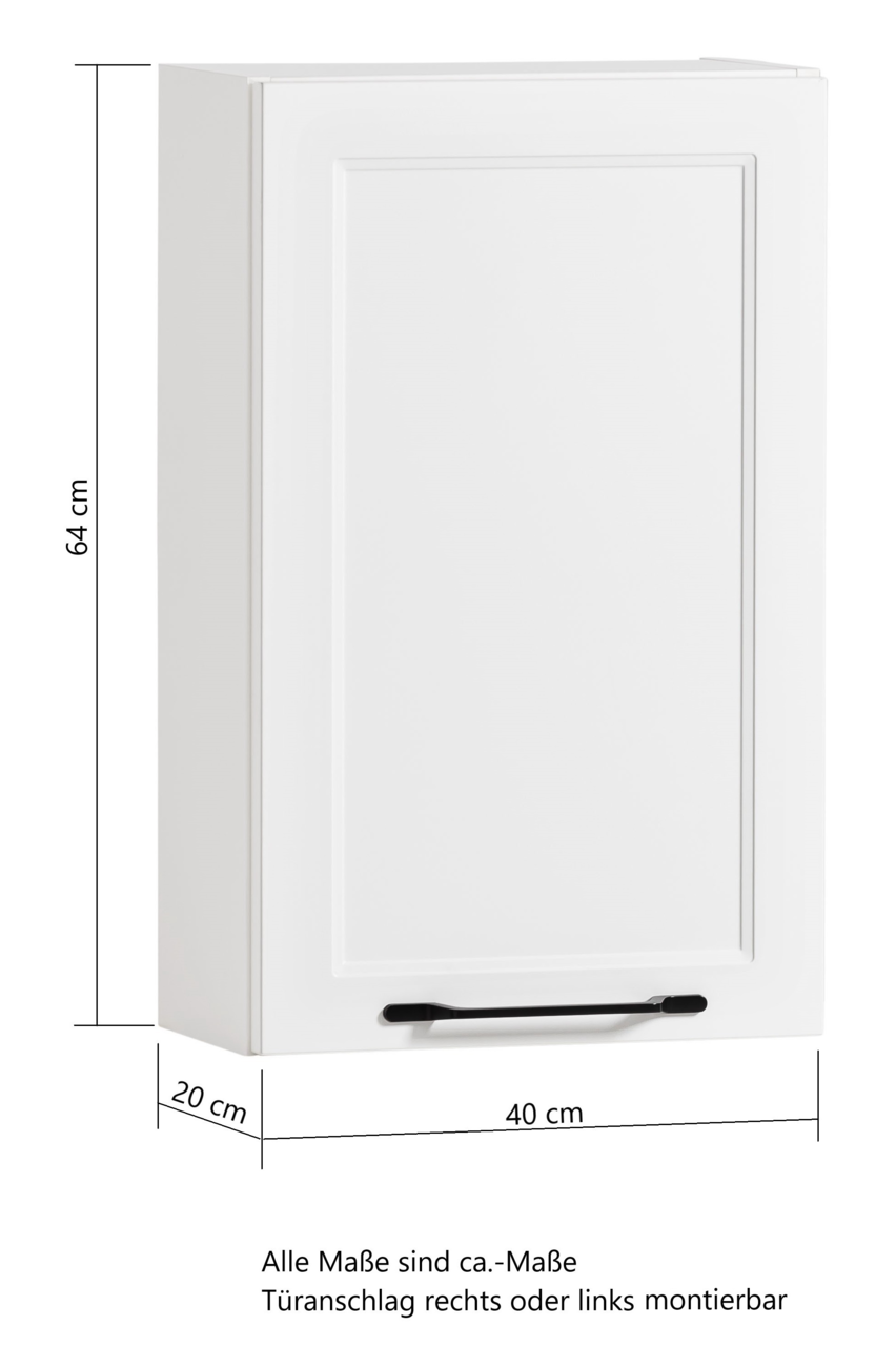 Weißer Hängeschrank mit einer Tür, rechteckig, Maße 64 cm Höhe, 40 cm Breite, 20 cm Tiefe, Frontansicht