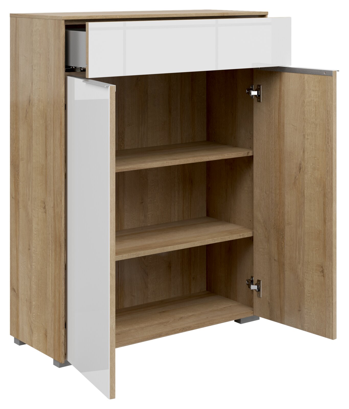 Kommode mit zwei offenen Türen und einer geöffneten Schublade, aus Holz mit weißen Fronten, Perspektive von vorne