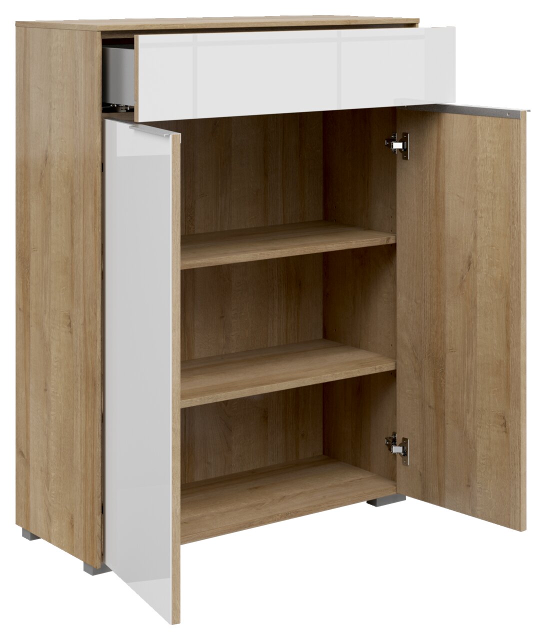 Kommode mit zwei offenen Türen und einer geöffneten Schublade, aus Holz mit weißen Fronten, Perspektive von vorne