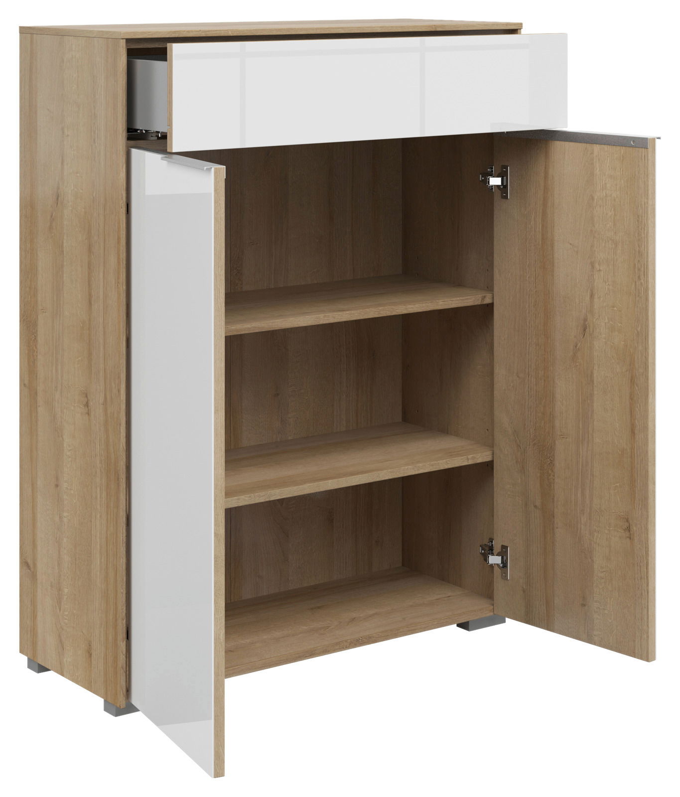 Kommode mit zwei offenen Türen und einer geöffneten Schublade, aus Holz mit weißen Fronten, Perspektive von vorne