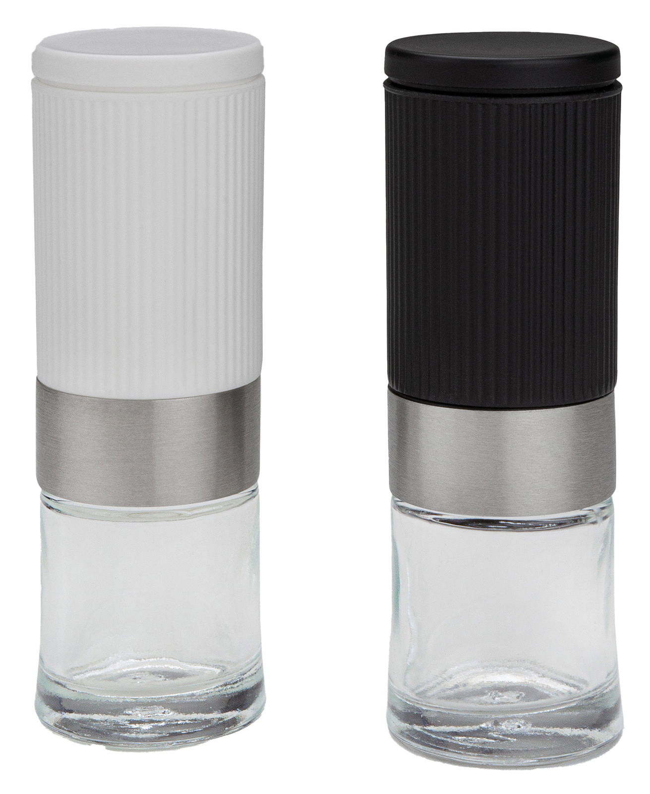 Justinus Mini Pfeffer-/ Salzmühlen Set Zwei Mini-Pfeffer- und Salzmühlen aus Glas mit geriffeltem Kunststoffdeckel, eine in Weiß und eine in Schwarz, aus der Frontalperspektive.