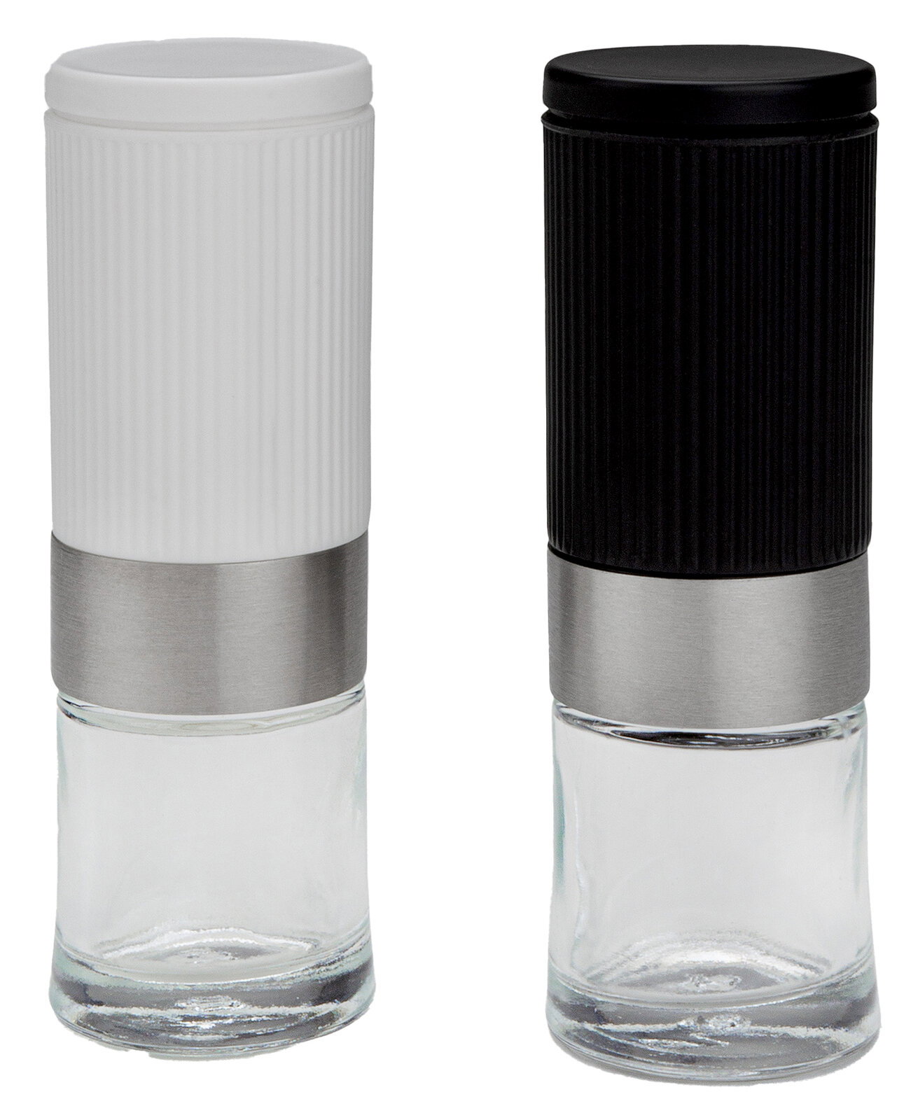 Zwei Mini-Pfeffer- und Salzmühlen aus Glas mit geriffeltem Kunststoffdeckel, eine in Weiß und eine in Schwarz, aus der Frontalperspektive.