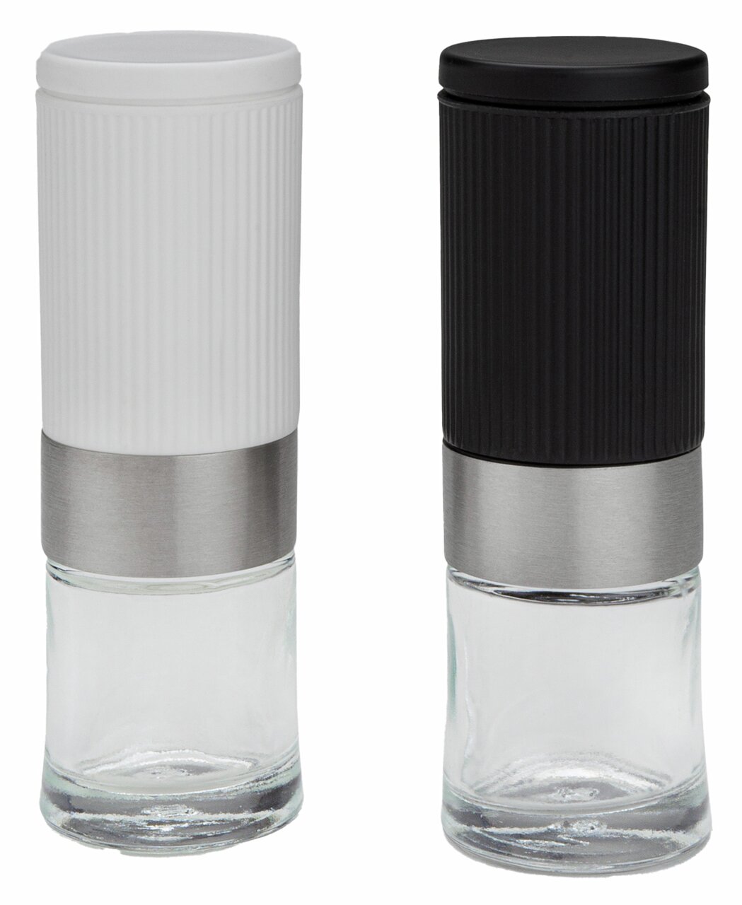 Zwei Mini-Pfeffer- und Salzmühlen aus Glas mit geriffeltem Kunststoffdeckel, eine in Weiß und eine in Schwarz, aus der Frontalperspektive.