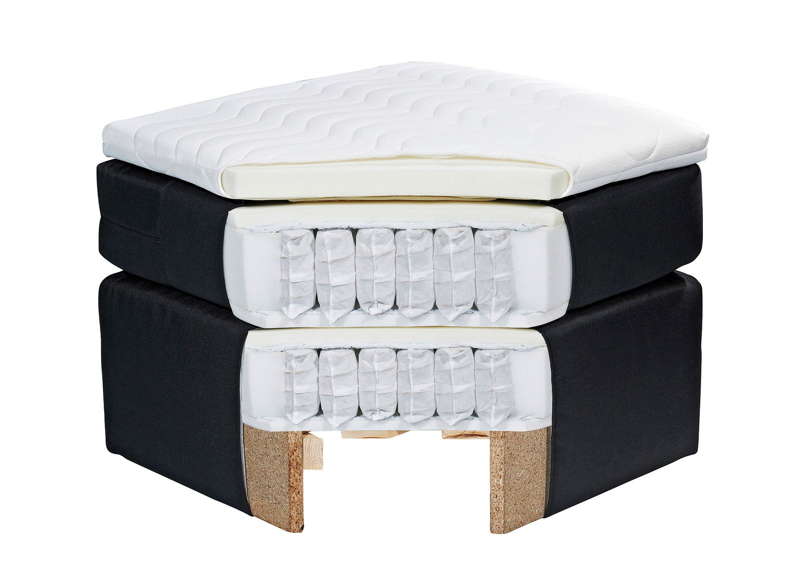 Querschnitt eines Boxspringbetts mit sichtbaren Schichten und Federn, seitliche Perspektive