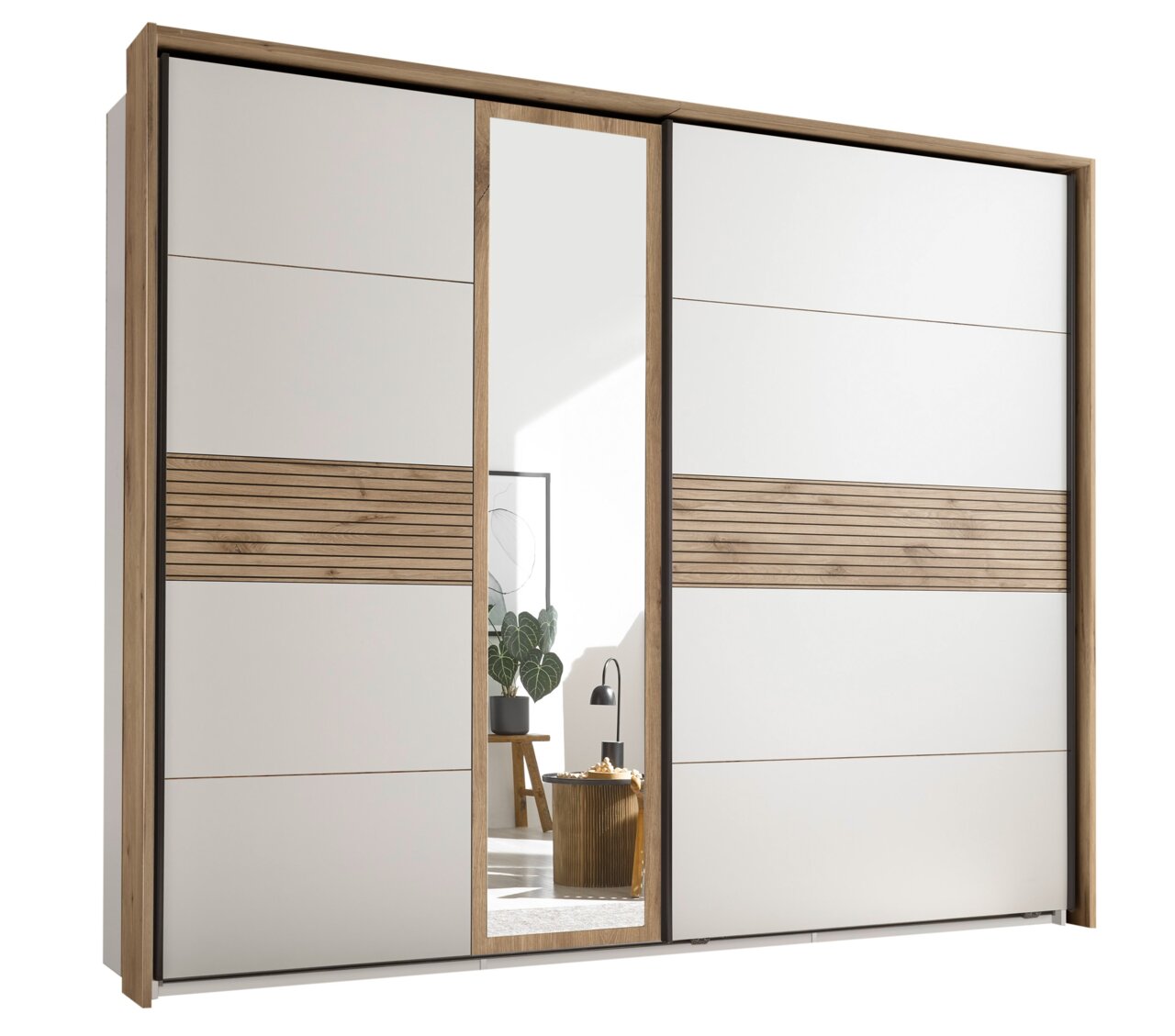 Moderner Schwebetürenschrank mit Holz- und Weißakzenten, mittigem Spiegel und seitlicher Perspektive.