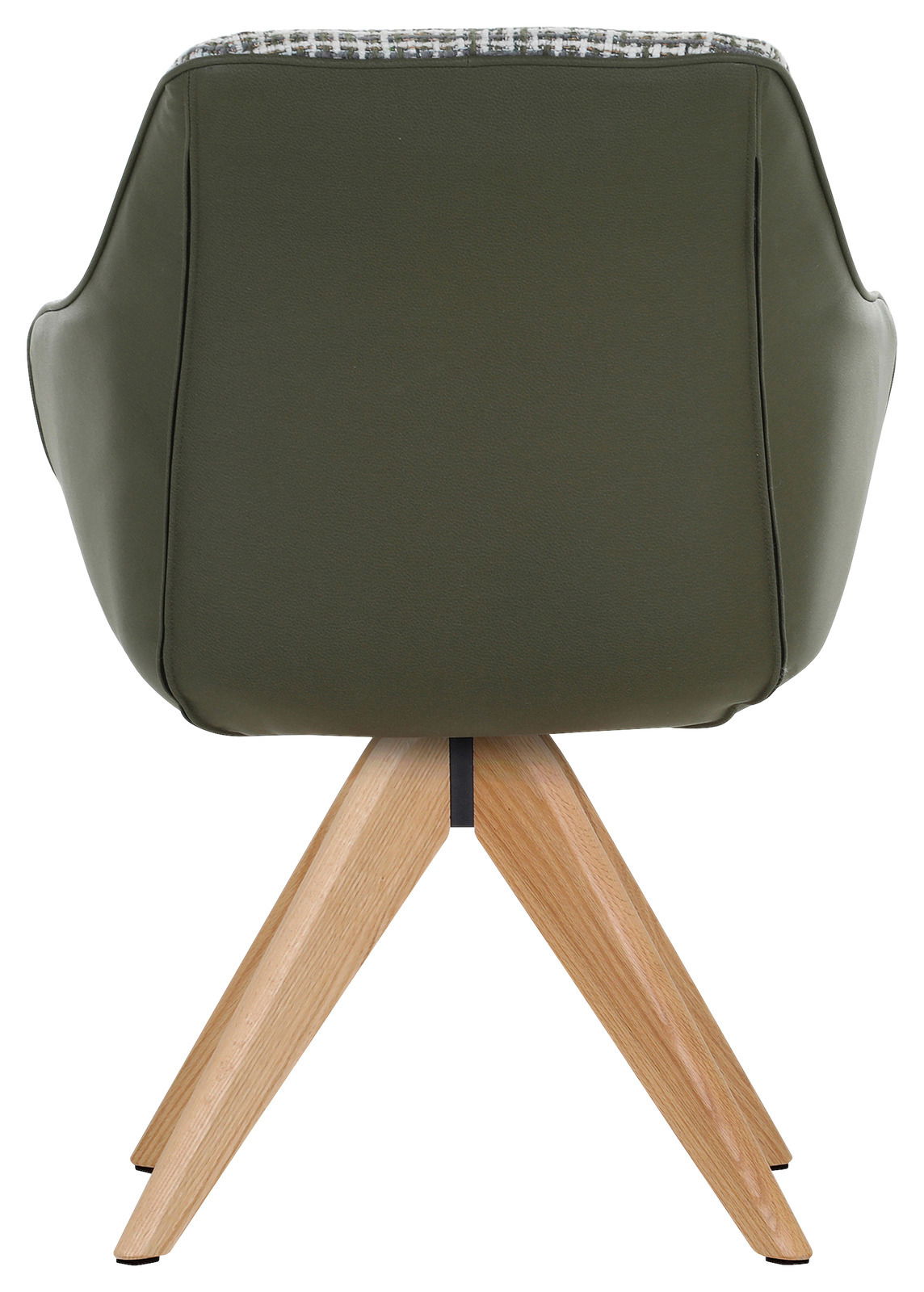 Rückansicht eines Armlehnstuhls mit olivgrünem Bezug und Holzbeinen.
