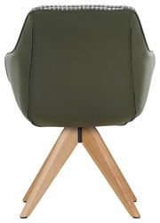 Rückansicht eines Armlehnstuhls mit olivgrünem Bezug und Holzbeinen.