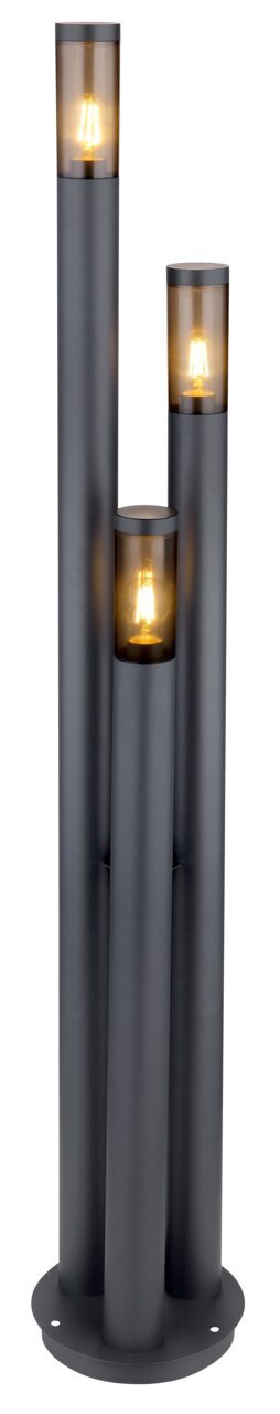 Moderne Außenleuchte mit drei unterschiedlich hohen, zylindrischen Lichtquellen, frontal betrachtet.