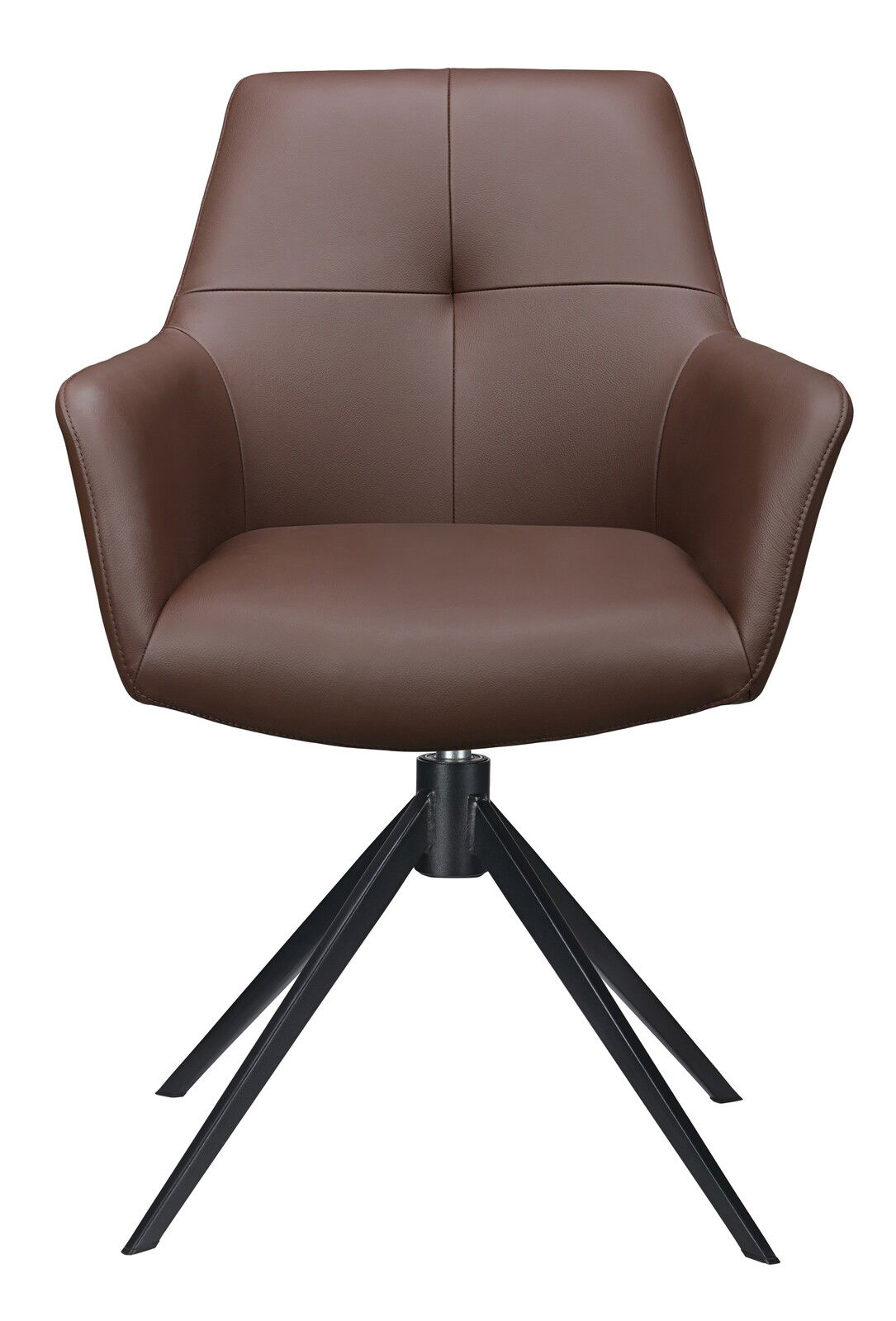 Brauner Armlehnstuhl mit schwarzem Metallgestell, Frontalansicht