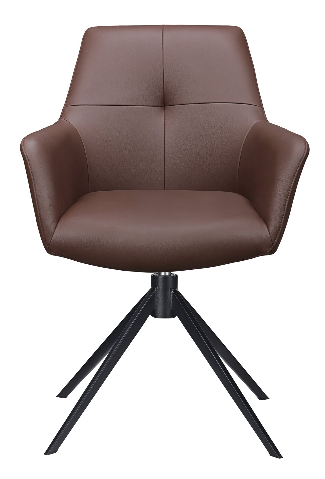 Brauner Armlehnstuhl mit schwarzem Metallgestell, Frontalansicht