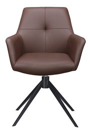 Brauner Armlehnstuhl mit schwarzem Metallgestell, Frontalansicht