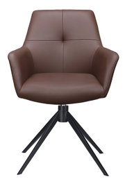 Brauner Armlehnstuhl mit schwarzem Metallgestell, Frontalansicht