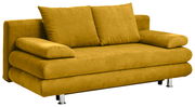 Gelbes Funktionssofa mit zwei großen Kissen und Armlehnen, seitliche Perspektive