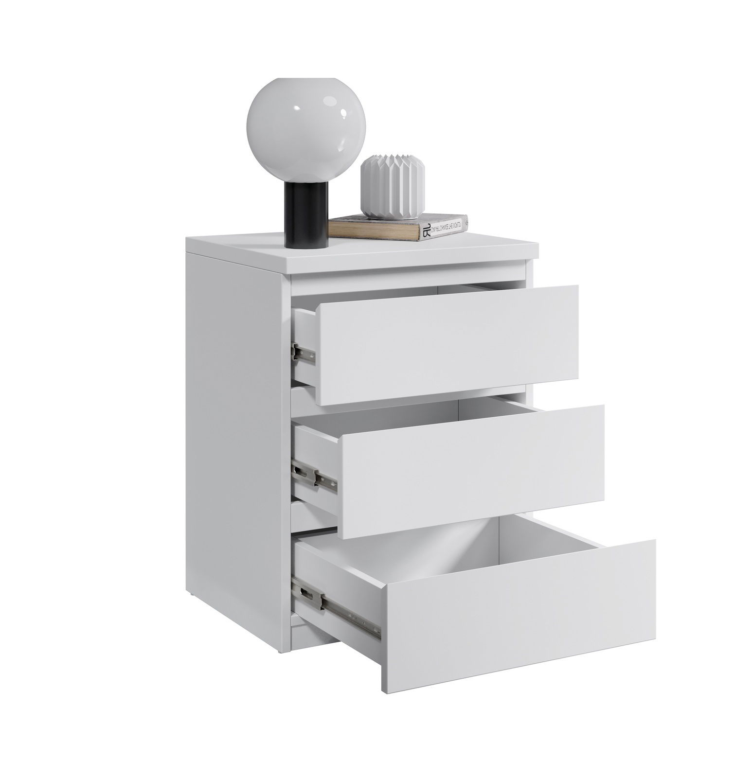 Weiße Nachtkommode mit drei offenen Schubladen, darauf eine Lampe und ein Buch, seitliche Perspektive