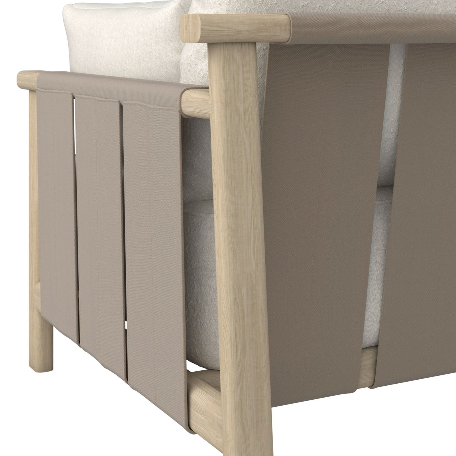 Detailansicht eines Loungesessels mit Holzrahmen und beigem Stoffbezug von der Seite.