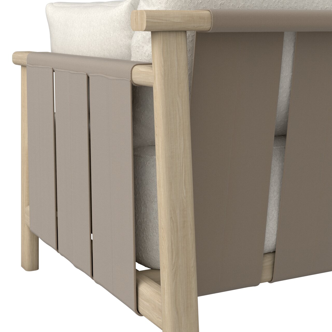 Detailfoto van een loungestoel met houten frame en beige stoffen bekleding, gezien vanaf de zijkant.