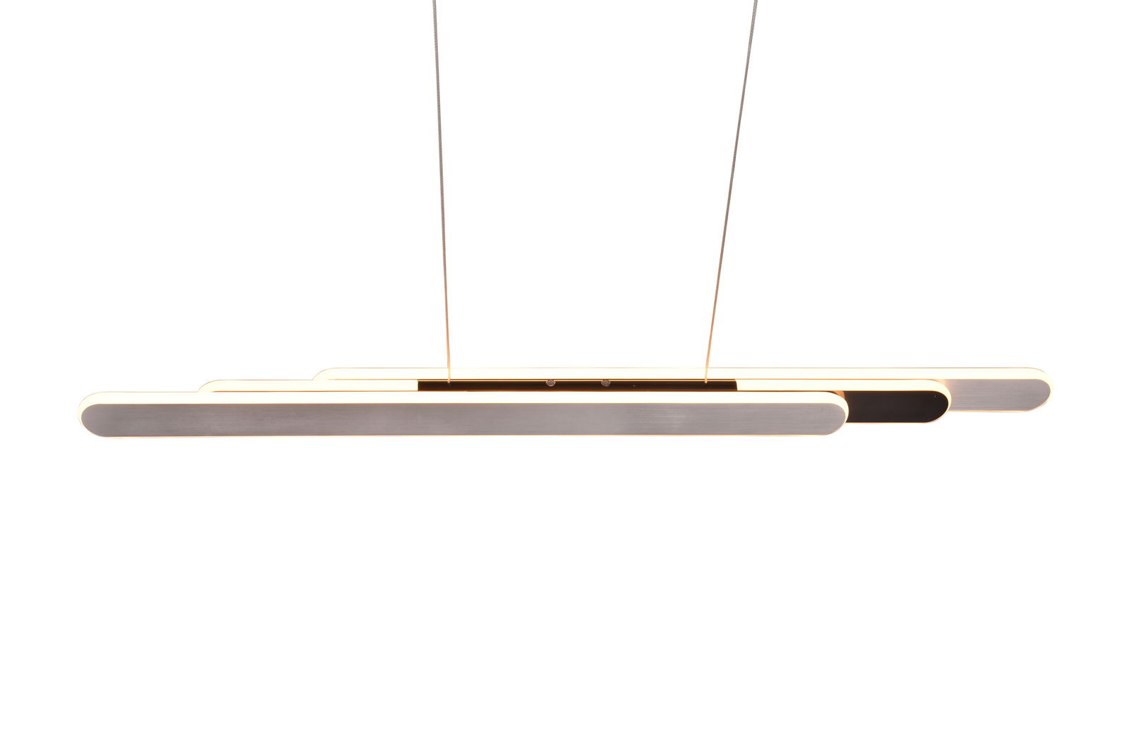 Moderne Pendelleuchte Helios in seitlicher Ansicht mit drei horizontalen, leuchtenden Elementen.