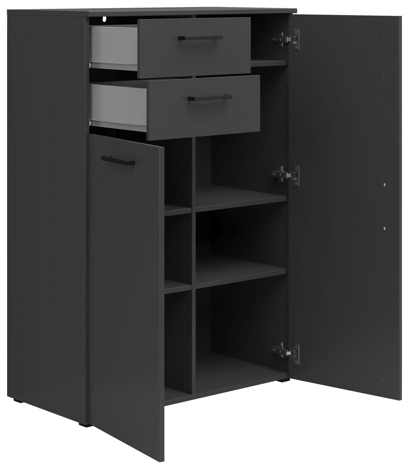 Schwarze Kommode mit zwei offenen Schubladen und zwei offenen Türen, die mehrere Regalfächer zeigen. Perspektive von vorne links.