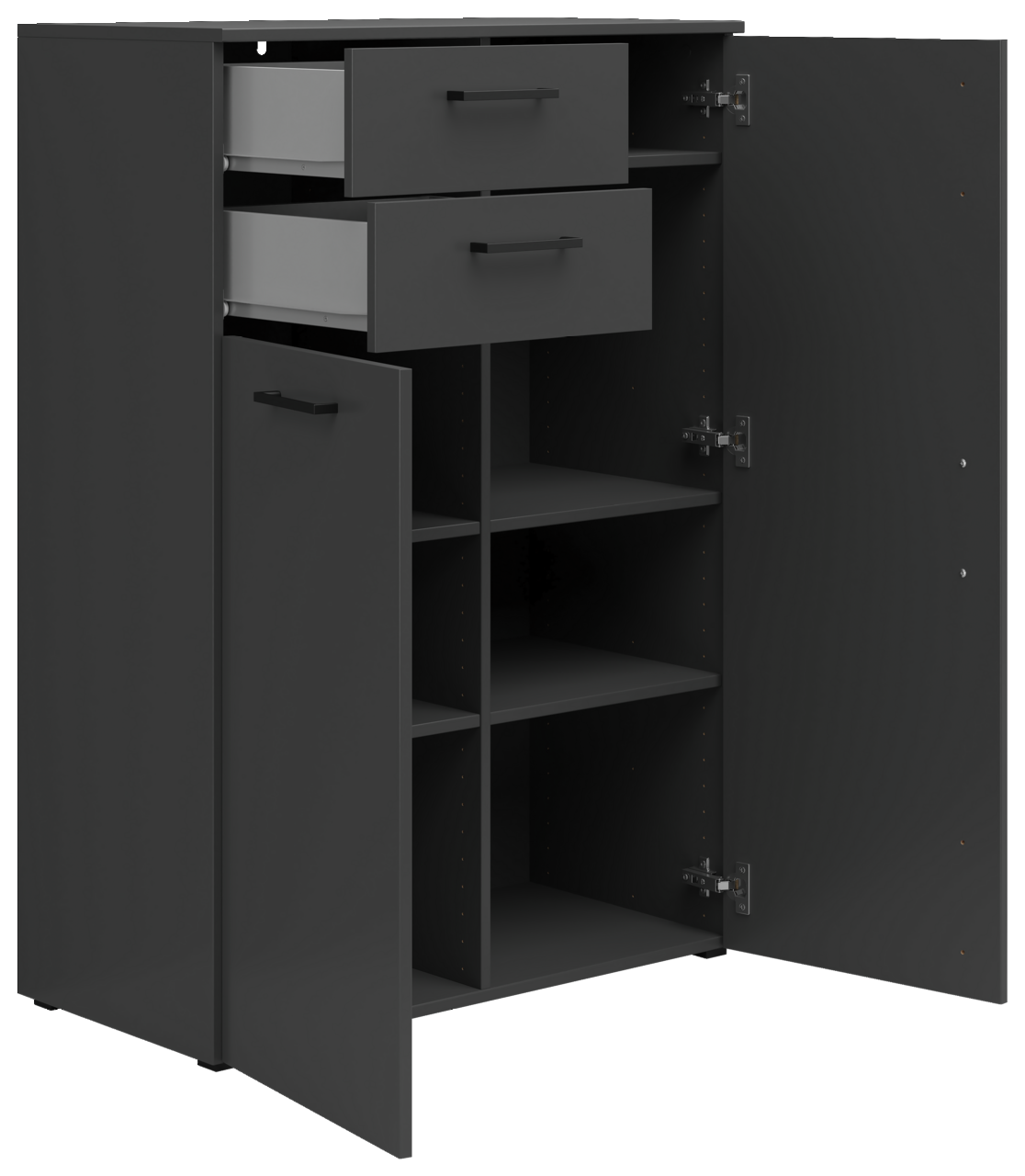 Schwarze Kommode mit zwei offenen Schubladen und zwei offenen Türen, die mehrere Regalfächer zeigen. Perspektive von vorne links.