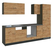 Moderne Küchenzeile in Holzoptik mit Spüle und Stauraum, seitliche Perspektive