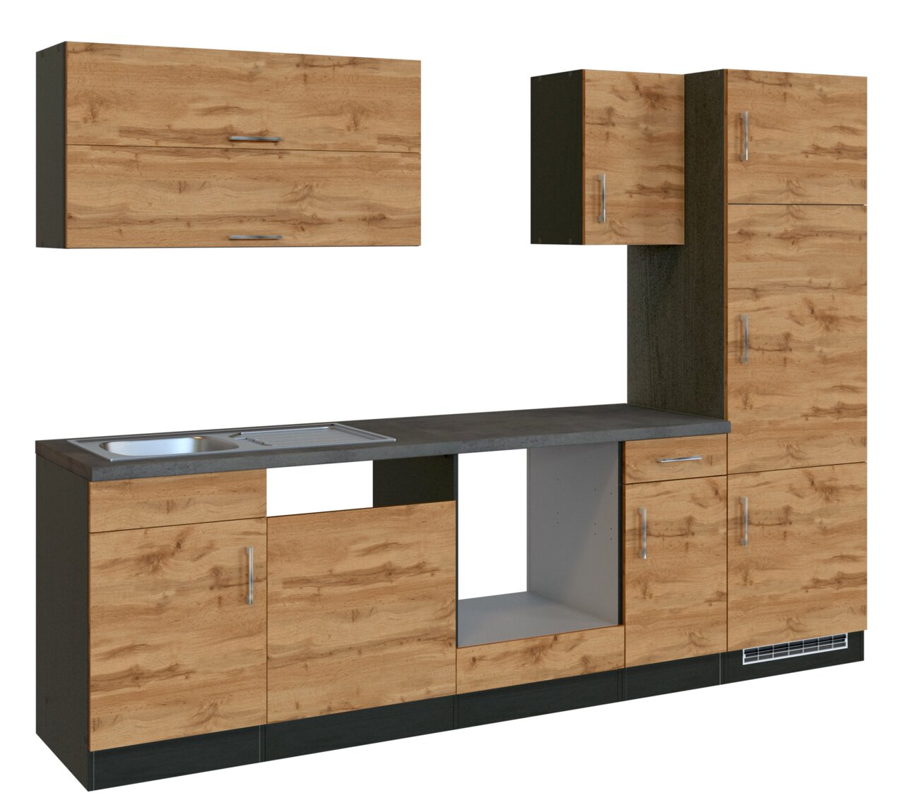 Held Möbel Küchenzeile SORRENTO Moderne Küchenzeile in Holzoptik mit Spüle und Stauraum, seitliche Perspektive