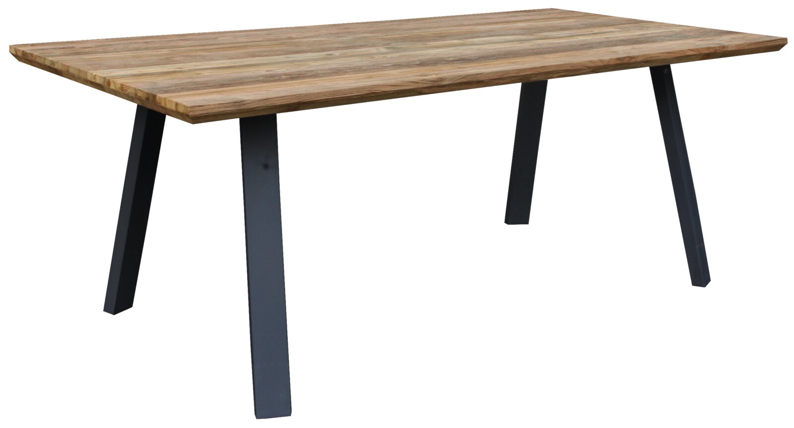 Moderner Gartentisch aus Holz mit Metallbeinen, seitliche Perspektive