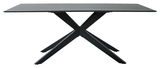 Moderner Esstisch mit schwarzer X-förmiger Metallbasis, seitliche Perspektive