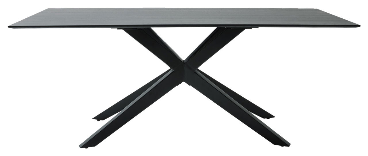 Moderner Esstisch mit schwarzer X-förmiger Metallbasis, seitliche Perspektive