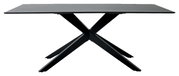 Moderne eettafel met een zwart, X-vormig metalen onderstel, zijaanzicht