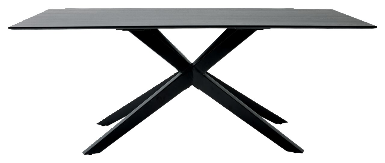 Moderne eettafel met een zwart, X-vormig metalen onderstel, zijaanzicht