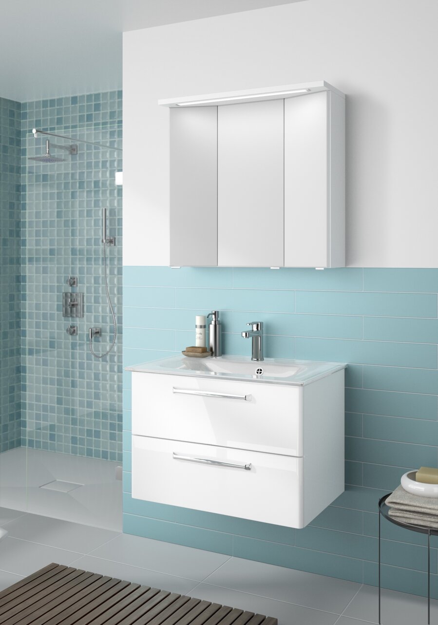 Pelipal Badblock 77cm TRENTINO Moderner Badblock mit weißem Waschbeckenunterschrank und Spiegelschrank, seitliche Perspektive