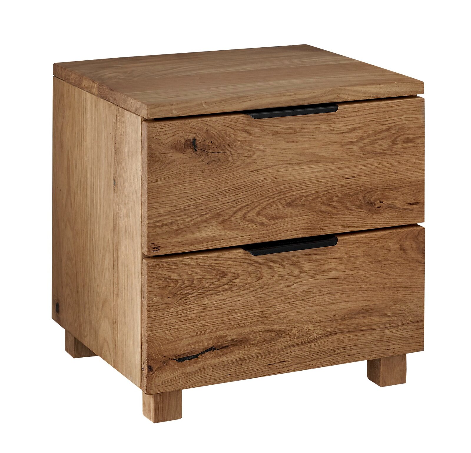 Nachtkommode aus Holz mit zwei Schubladen, seitliche Perspektive