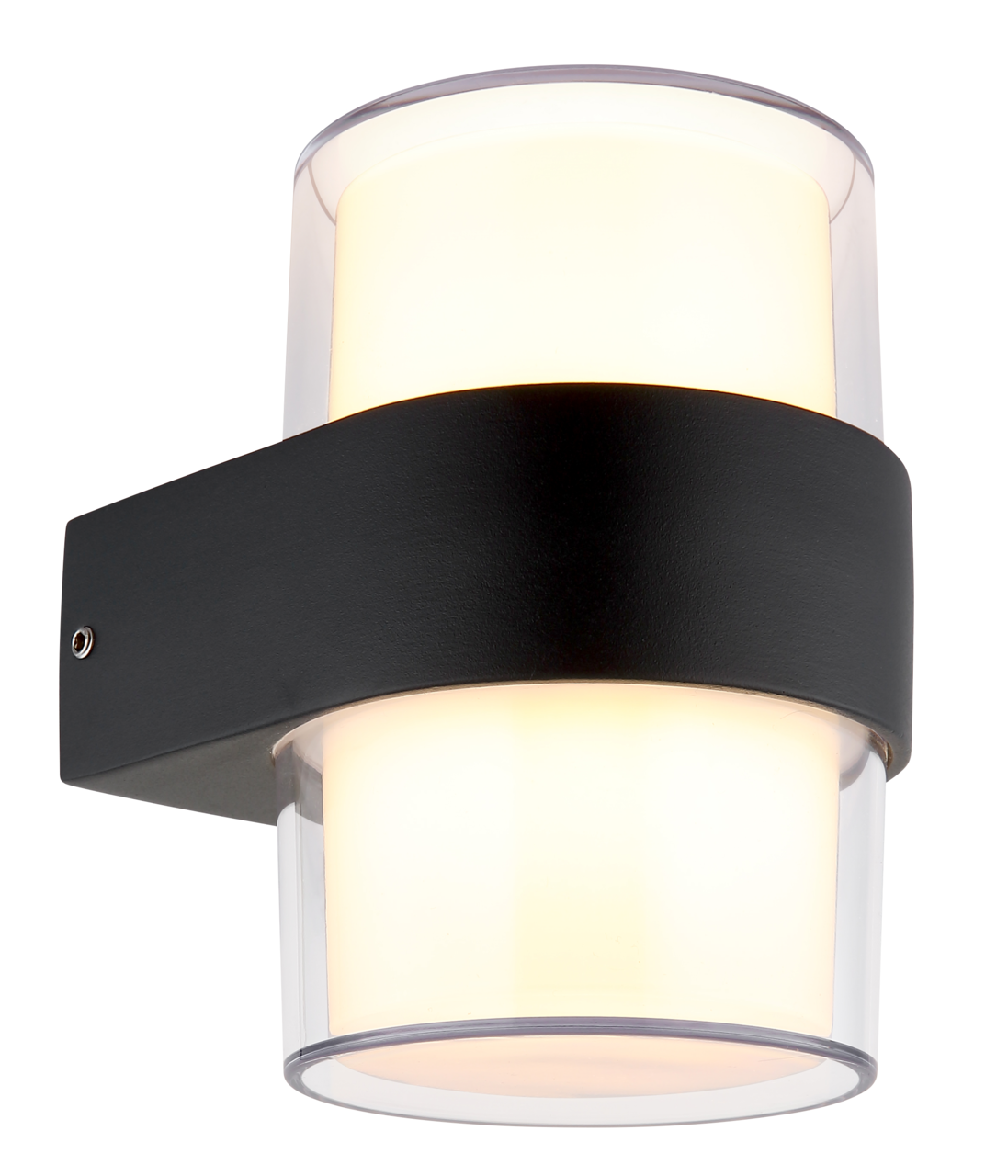 LED-Außenwandleuchte in seitlicher Perspektive mit schwarzem Gehäuse und zylindrischem, transparentem Leuchtkörper.