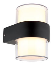 LED-Außenwandleuchte in seitlicher Perspektive mit schwarzem Gehäuse und zylindrischem, transparentem Leuchtkörper.
