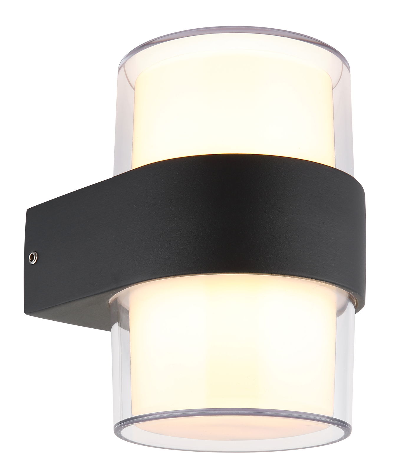 Globo Lighting LED-Aussenwandleuchte IGNACIO LED-Außenwandleuchte in seitlicher Perspektive mit schwarzem Gehäuse und zylindrischem, transparentem Leuchtkörper.