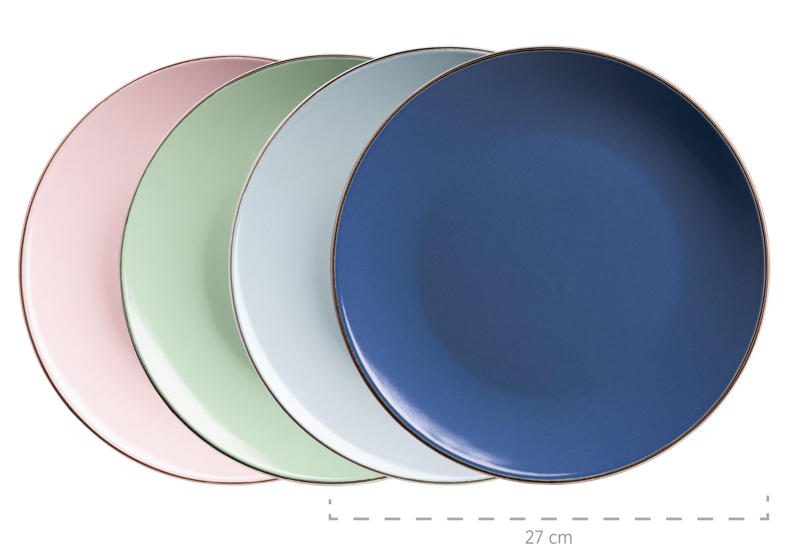Vier runde Speiseteller mit feinem Goldrand in Pastellfarben (Rosa, Grün, Hellblau) und Dunkelblau, Durchmesser ca. 27 cm, Draufsicht/Ansicht von oben.