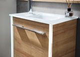 Waschtisch mit Holzoptik und integriertem Waschbecken, seitliche Perspektive