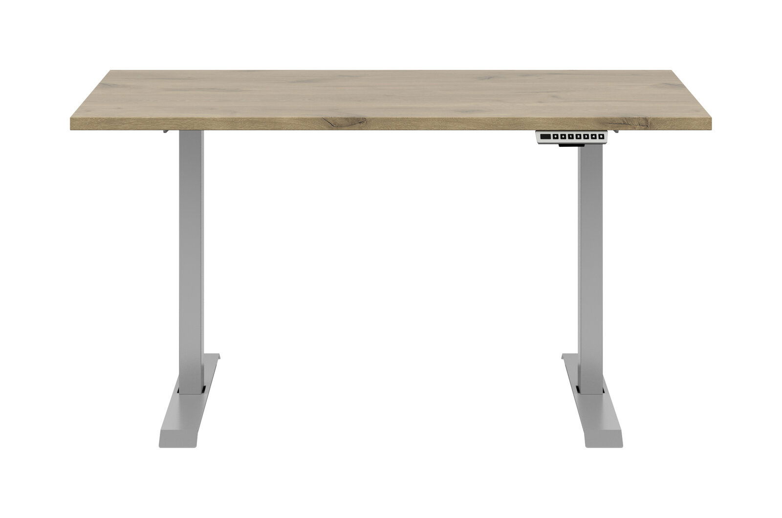 Moderner E-Schreibtisch mit Holzplatte und grauem Metallgestell, Frontalansicht