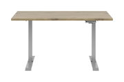 Moderner E-Schreibtisch mit Holzplatte und grauem Metallgestell, Frontalansicht