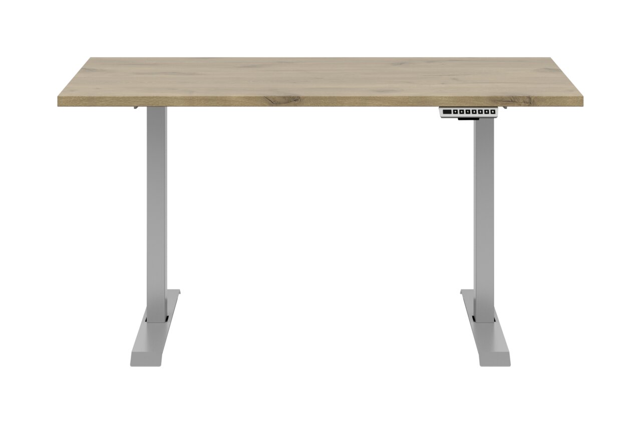 Moderner E-Schreibtisch mit Holzplatte und grauem Metallgestell, Frontalansicht