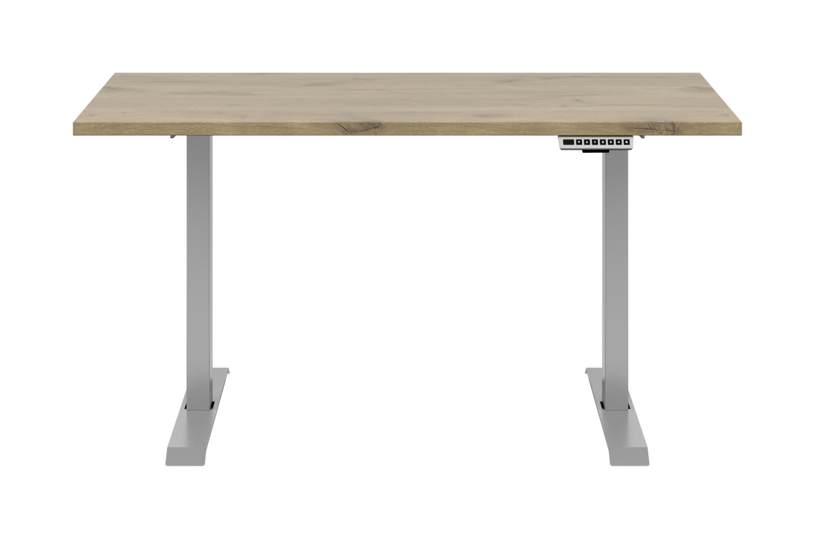 Moderner E-Schreibtisch mit Holzplatte und grauem Metallgestell, Frontalansicht